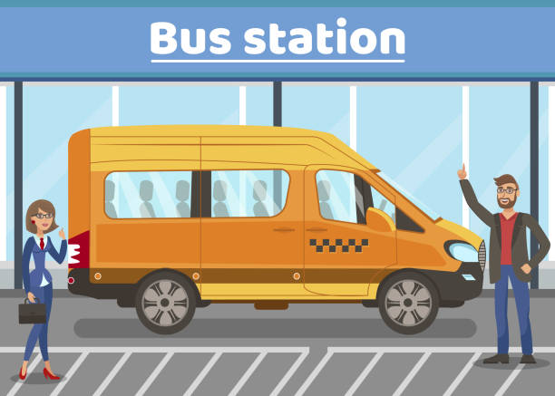 City Bus Stop Flat Vector Web Banner Template City Bus Stop Flat Vector Web Banner Template. Office Workers Waiting for Taxi, Public Transport Illustration. Cartoon Orange Van, Truck. People at Car Station Poster with Typography small bus stock illustrations