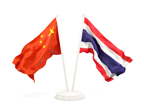 Two waving flags of China and thailand isolated on white. 3D illustration