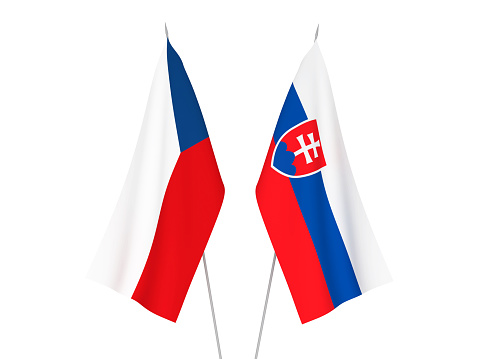 National fabric flags of Slovakia and Czech Republic isolated on white background. 3d rendering illustration.