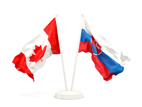 Two waving flags of Canada and slovakia isolated on white. 3D illustration
