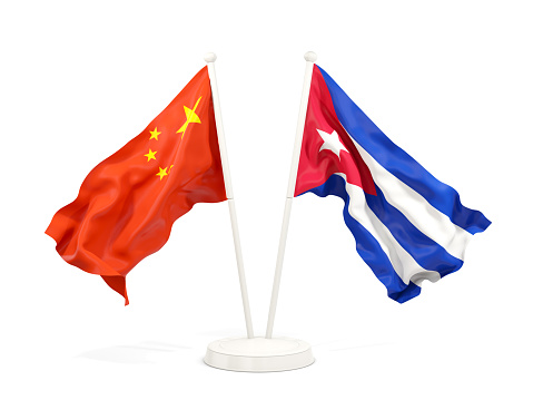 Two waving flags of China and cuba isolated on white. 3D illustration