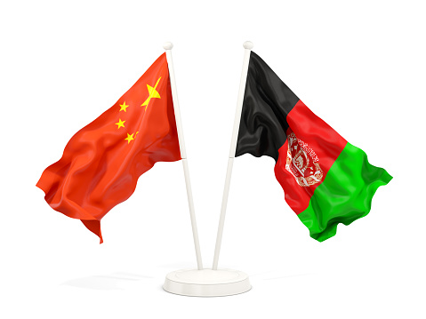 Two waving flags of China and afghanistan isolated on white. 3D illustration