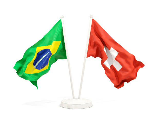 dwa machające flagi brazylii i szwajcarii odizolowane na białym - switzerland flag computer graphic digitally generated image zdjęcia i obrazy z banku zdjęć