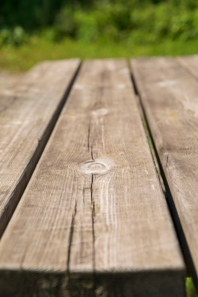 istock Rustic pine Picnic table. Untouched nature,  meadow grass in the background. 1151110869