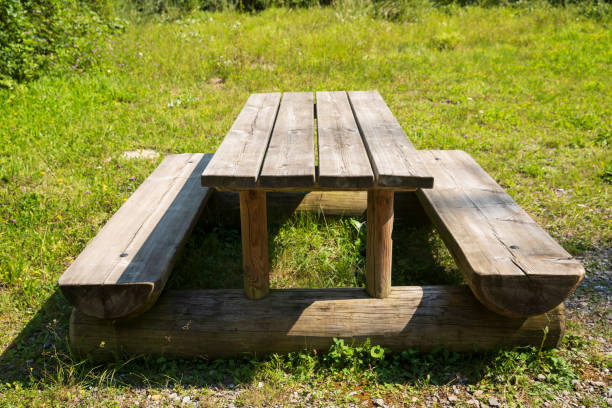 istock Rustic pine Picnic table. Untouched nature,  meadow grass in the background. 1151111580