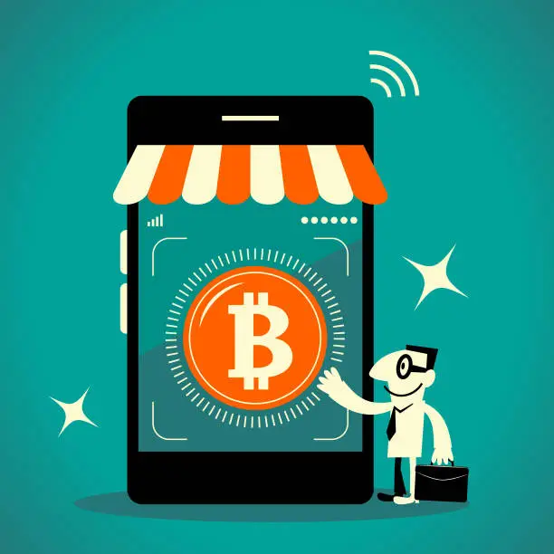 Vector illustration of Businessman with briefcase and mobile phone online shopping store with Bitcoin Cryptocurrency