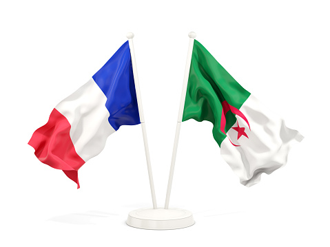 Two waving flags of France and algeria isolated on white. 3D illustration
