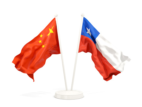 Two waving flags of China and chile isolated on white. 3D illustration