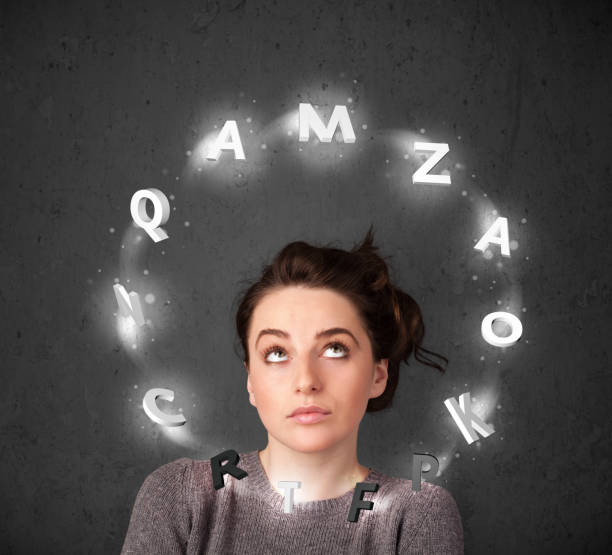 istock Young woman thinking with letter circulation around her head 1151113324