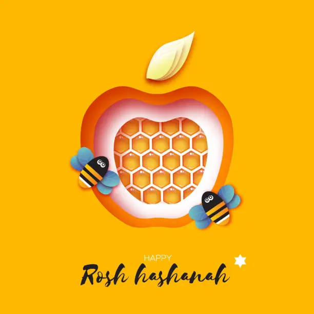 Vector illustration of Jewish New Year, Rosh Hashanah Greeting card. Apple shape with honey gold cell and honey bee in paper cut style. Origami happy holiday in Hebrew. Yellow background.