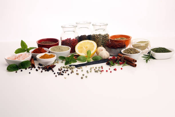 istock Spices and herbs on table. Food and cuisine ingredients with basil 1151116004