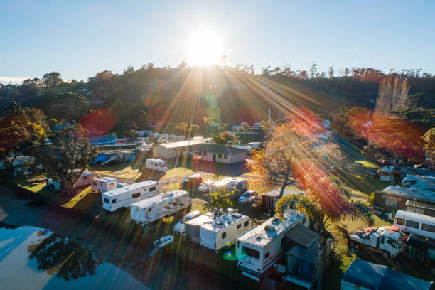 Motor home Park. Overlooking at Whangaparaoa Peninsula, Auckland region, New Zealand. jetty aerial stock pictures, royalty-free photos & images