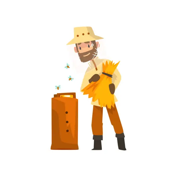 Vector illustration of Cheerful beekeeper man hiver harvesting honey, apiculture and beekeeping concept vector Illustration