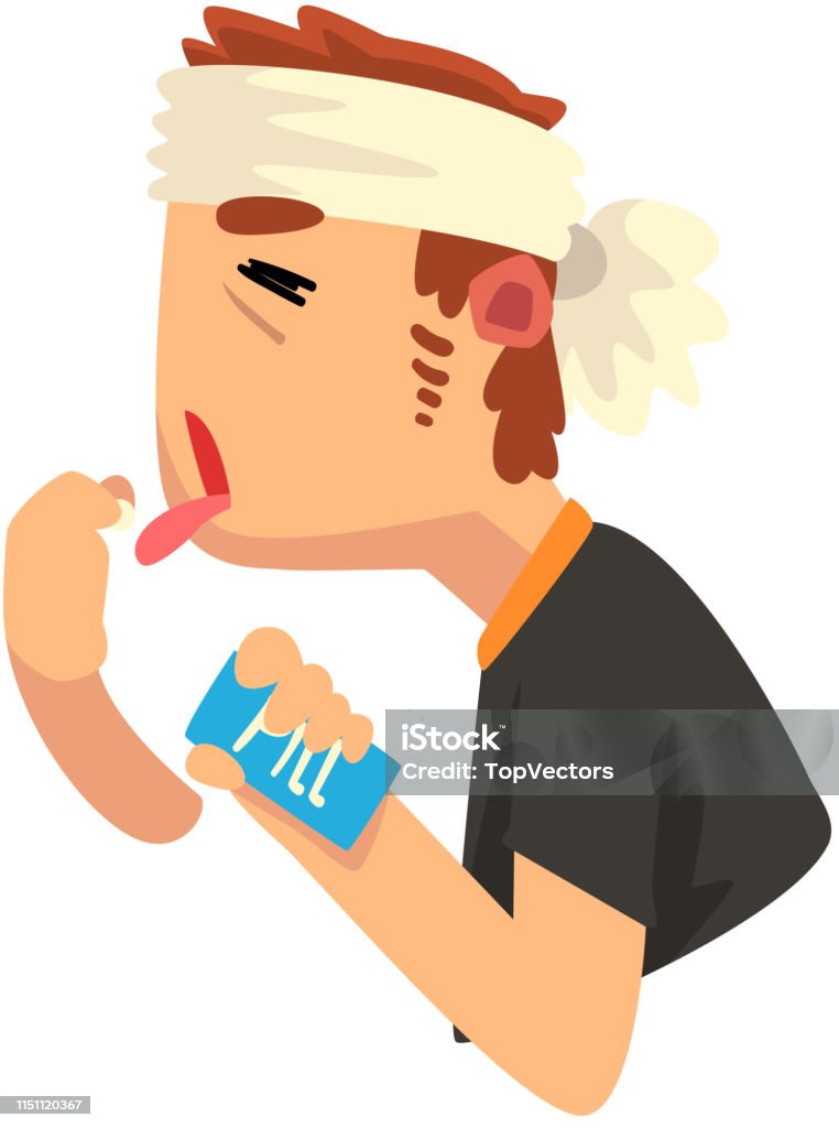 Man with a bandaged head taking some headache pills, migraine, health problems, sick unhappy man character vector Illustration Man with a bandaged head taking some headache pills, migraine, health problems, sick unhappy man character vector Illustration isolated on a white background. Adult stock vector