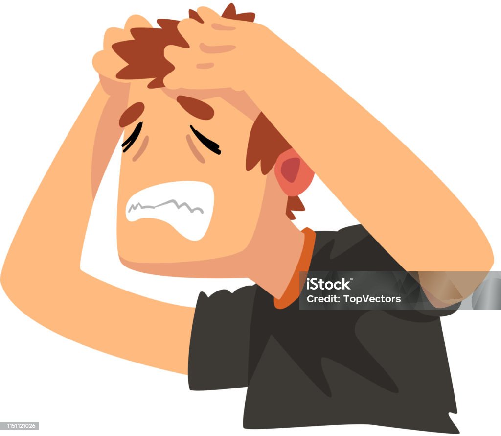 Man with a headache, disease of the head, migraine, sick unhappy man character vector Illustration Man with a headache, disease of the head, migraine, sick unhappy man character vector Illustration isolated on a white background. Adult stock vector