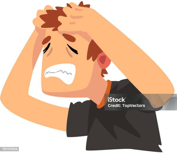 Man With A Headache Disease Of The Head Migraine Sick Unhappy Man Character Vector Illustration Stock Illustration - Download Image Now