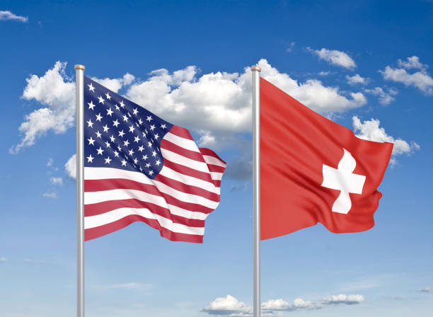 stany zjednoczone ameryki vs szwajcaria. grube kolorowe jedwabiste flagi ameryki i szwajcarii. ilustracja 3d na tle nieba. - ilustracja - switzerland flag computer graphic digitally generated image zdjęcia i obrazy z banku zdjęć
