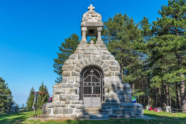 Krupanj, Serbia April 20, 2019: Memorial Ossuary Cat's stone (serbian: Mackov kamen). The remains of the killed Serbian soldiers after the Battle in the First World War were buried there.