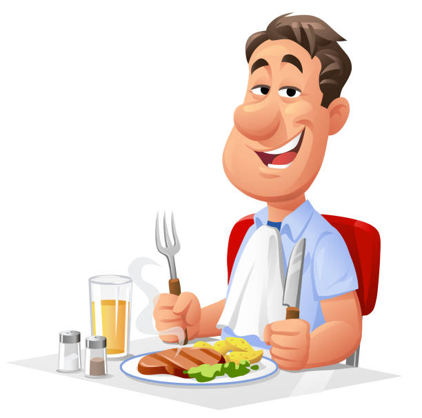 ilustraciones, imágenes clip art, dibujos animados e iconos de stock de hombre almorzando - plate hungry fork dinner