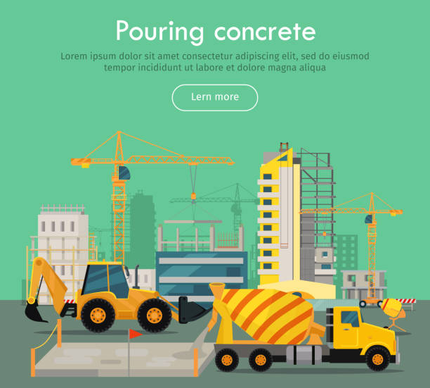 Pouring Concrete Conceptual Flat Vector Web Banner Pouring concrete conceptual web banner. Concrete mixing truck and loader on building site, buildings and cranes on background flat vector illustration. For construction company landing page design mixing cement stock illustrations