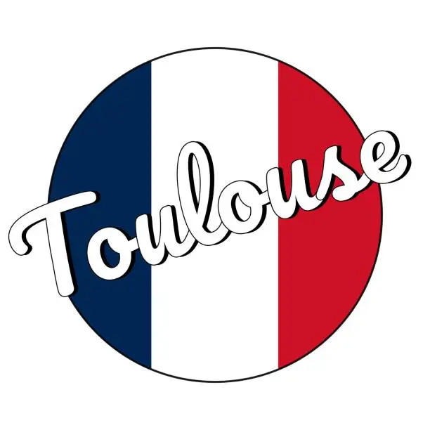 Vector illustration of Round button Icon of national flag of France with red, white and blue colors and inscription of city name: Toulouse in modern style. Vector EPS10 illustration.