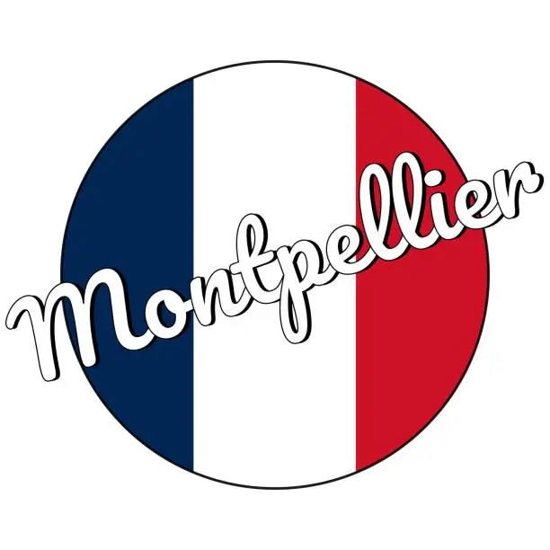 Vector illustration of Round button Icon of national flag of France with red, white and blue colors and inscription of city name: Montpellier in modern style. Vector EPS10 illustration.