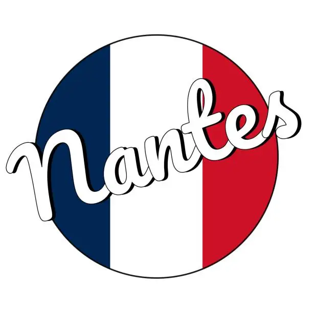 Vector illustration of Round button Icon of national flag of France with red, white and blue colors and inscription of city name: Nantes in modern style. Vector EPS10 illustration.