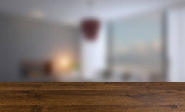 istock Empty interior with large window. Retro light bulb. The floor is of brown parquet.  3D rendering. wooden table. blurred background 1151131421