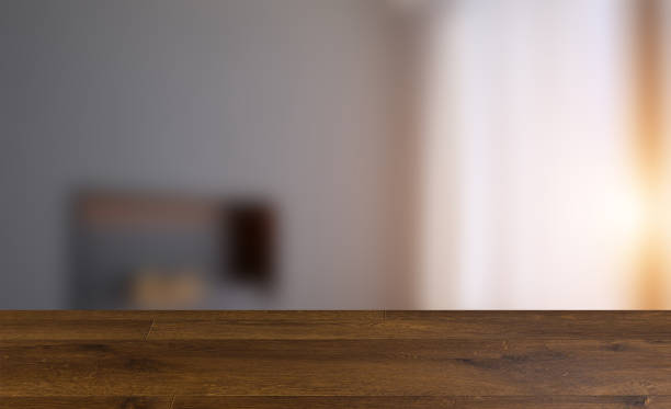 istock Empty interior with large window. Retro light bulb. The floor is of brown parquet.  3D rendering. wooden table. blurred background 1151131643