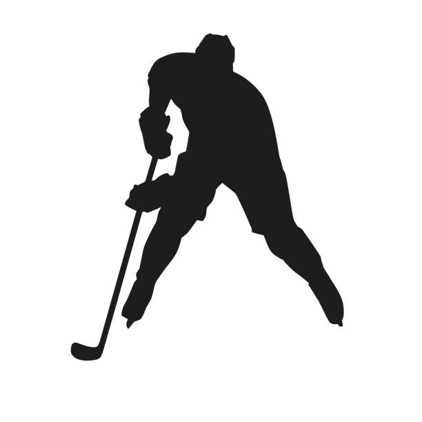 hokeista łyżwiarski z krążkiem, odosobnioną sylwetką wektorową. widok z przodu - ice hockey hockey puck speed ice stock illustrations