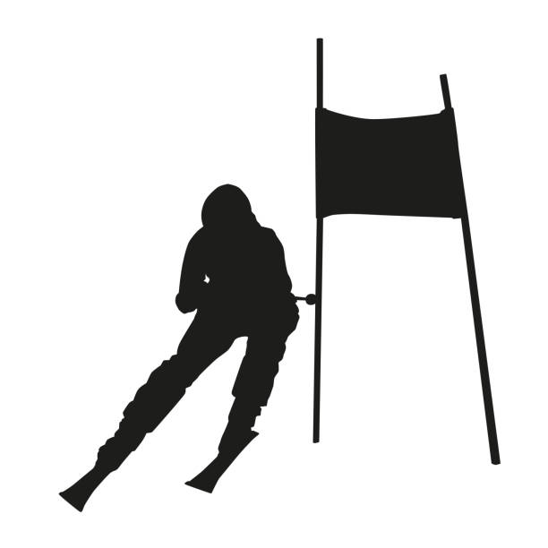 ilustrações de stock, clip art, desenhos animados e ícones de downhill skier passing gate, isolated vector silhouette, front view - czech republic ski winter skiing