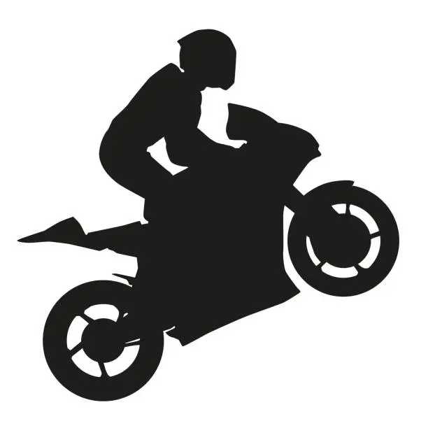 Vector illustration of Motorbike rider lifts the front wheel. Wheelie, isolated vector silhouette