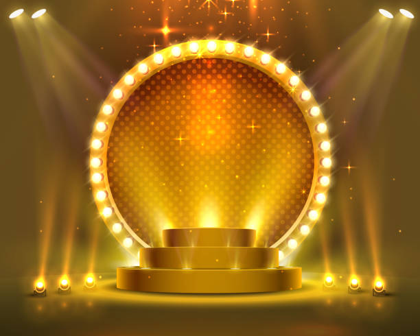 Stage podium with lighting, Stage Podium Scene with for Award Ceremony on red Background, Vector illustration Stage podium with lighting, Stage Podium Scene with for Award Ceremony on red Background, Vector illustration competition round stock illustrations