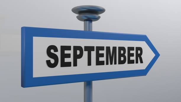 istock SEPTEMBER blue arrow street sign - 3D rendering illustration 1151136486