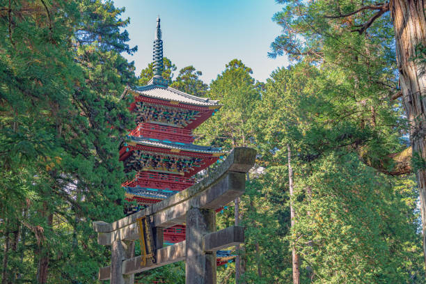 Nikko, Tochigi, Japan - October 22 2018 : Five storey Pagoda of the Nikko Toshogu Shrine, it forms the Shrines and Temples of Nikkō UNESCO World Heritage Site, with 42 structures of the shrine included in the nomination. Five of them are designated as National Treasures of Japan, and three more as Important Cultural Properties.