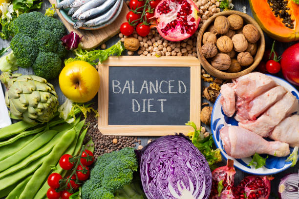 istock fruits, vegetables, fish, meat, text balanced diet 1151137919
