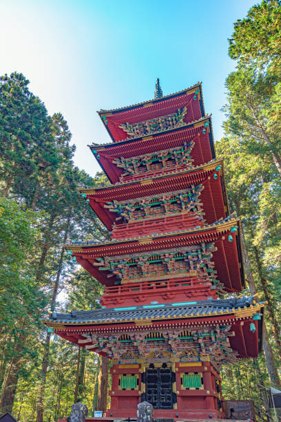 Nikko, Tochigi, Japan - October 22 2018 : Five storey Pagoda of the Nikko Toshogu Shrine, it forms the Shrines and Temples of Nikkō UNESCO World Heritage Site, with 42 structures of the shrine included in the nomination. Five of them are designated as National Treasures of Japan, and three more as Important Cultural Properties.