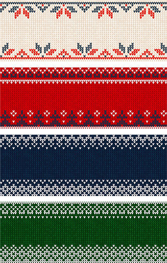 Ugly sweater Merry Christmas party ornament kneatwear. Vector illustration knitted background banner border seamless pattern scandinavian ornament. White, blue, red, green colored knitting