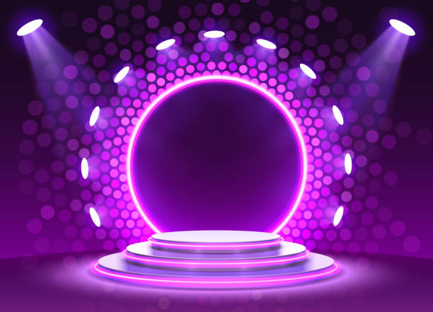 istock Stage podium with lighting, Stage Podium Scene with for Award Ceremony on purple Background, Vector illustration 1151140531