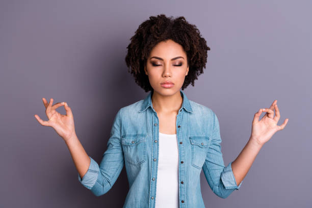 istock Portrait of cute charming lady do exercise practicing good-looking peaceful calm close eyes feel serene serenity dressed fashionable youth outfit isolated grey background 1151140656