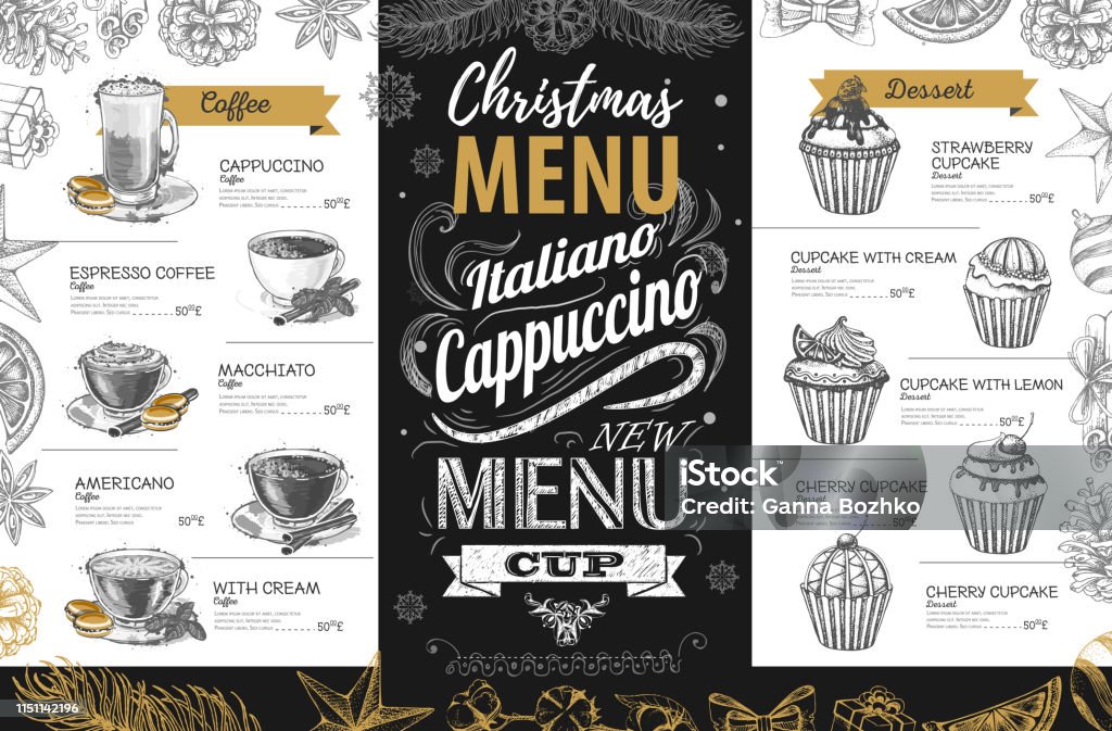 Hand drawing Christmas holiday menu design. Restaurant menu Absinthe stock vector
