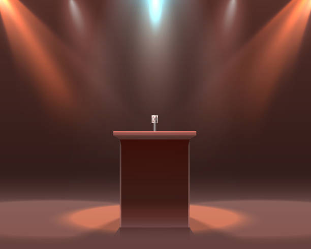 ilustrações de stock, clip art, desenhos animados e ícones de the microphone on the black scene. vector illustration - winners podium audio