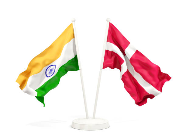 istock Two waving flags of India and denmark isolated on white 1151143970