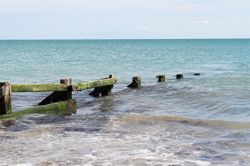 Old wooden breakwater on the beach