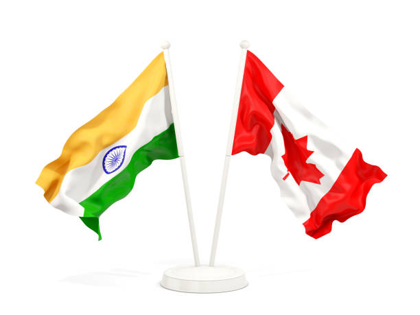 istock Two waving flags of India and canada isolated on white 1151144063
