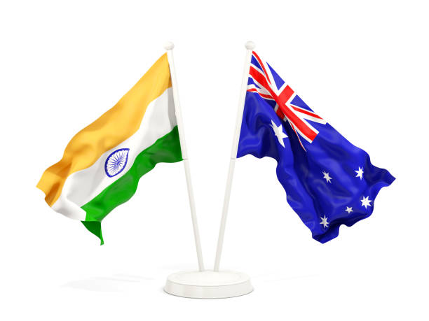 Two waving flags of India and australia isolated on white