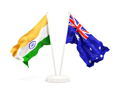 Two waving flags of India and australia isolated on white. 3D illustration