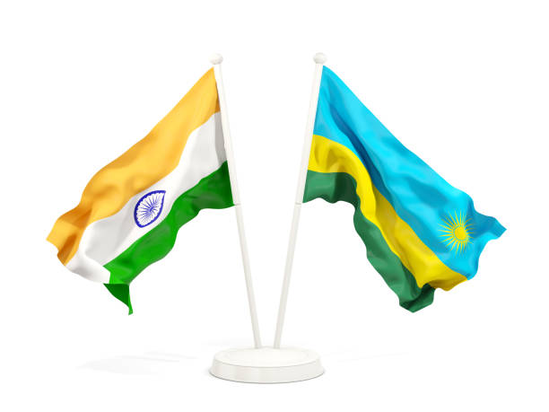 istock Two waving flags of India and rwanda isolated on white 1151144245