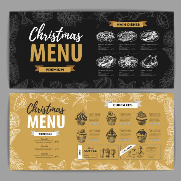 Vector illustration of Hand drawing Christmas holiday menu design. Restaurant menu