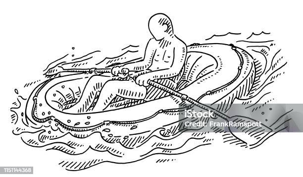 Human Figure Rowing Inflatable Boat Drawing Stock Illustration - Download Image Now - Adventure, Aquatic Sport, Black And White